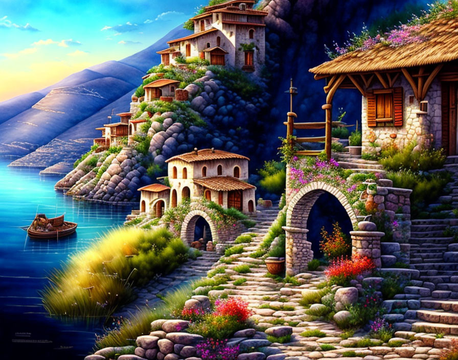 Tranquil lakeside village with stone houses, flowers, boat, mountains, and blue sky