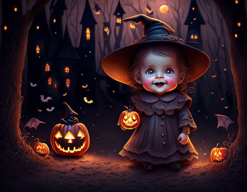 Whimsical baby witch illustration with Halloween elements