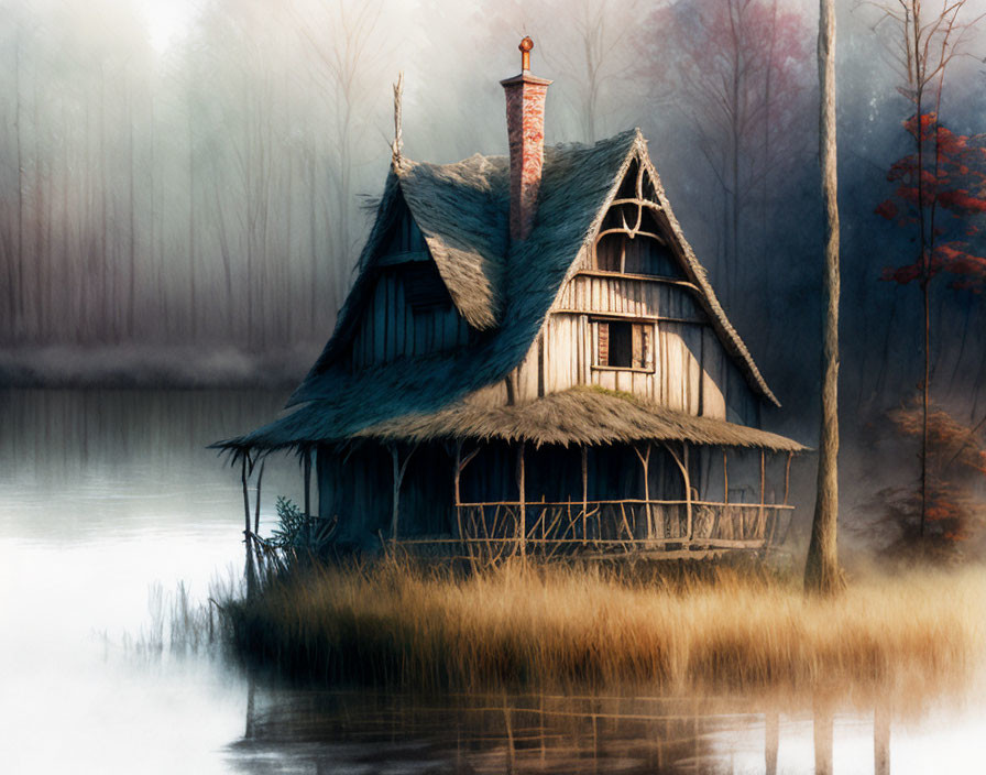 Thatched-Roof Cottage by Misty Lake in Autumn Forest