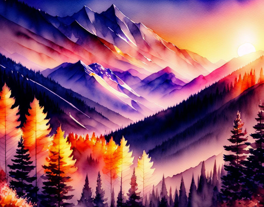 Mountainous Landscape Watercolor Painting at Sunset