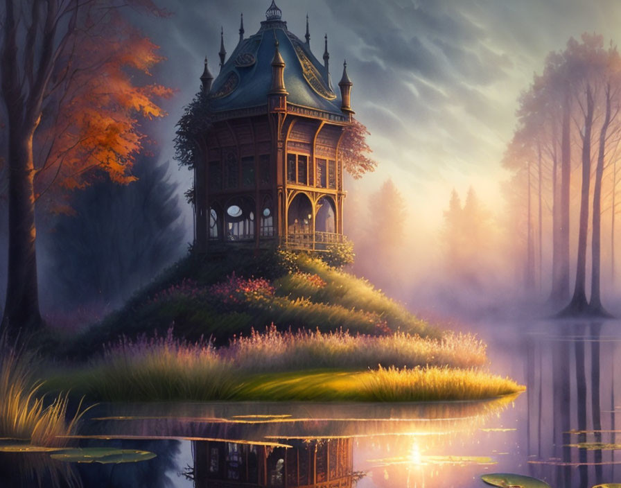 Victorian gazebo on island in misty lake setting