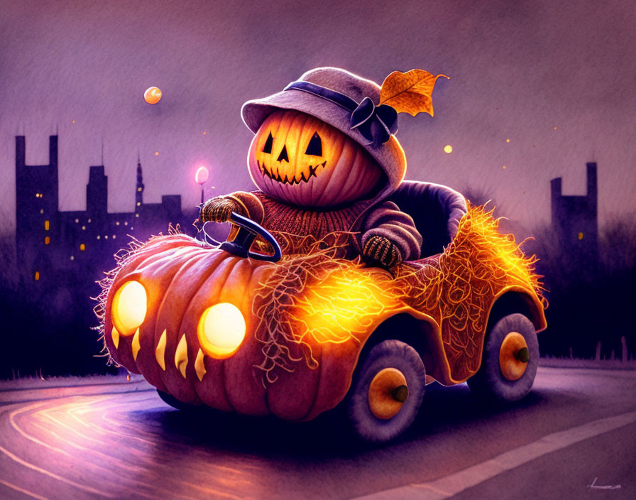 Whimsical pumpkin-headed figure driving glowing pumpkin car in city street at twilight