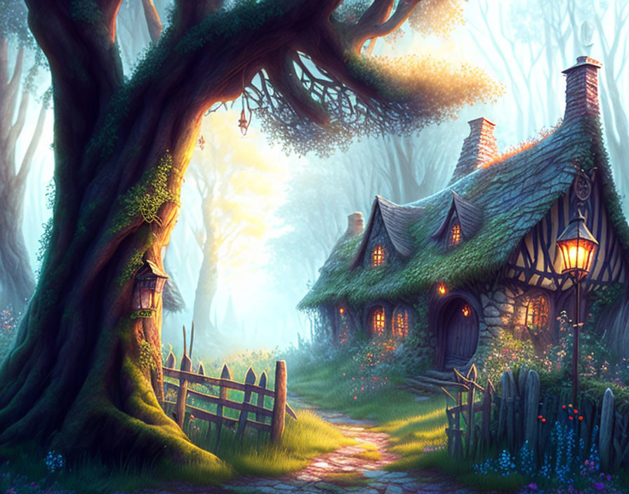 Magical forest clearing with old cottage and glowing lantern