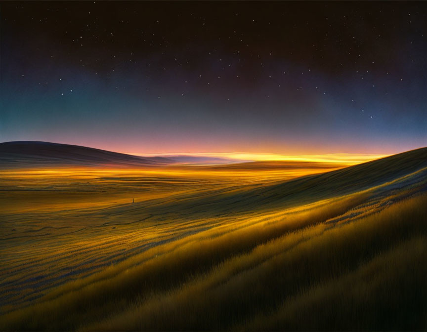 Golden grass hills under twilight sky with stars and sunset glow