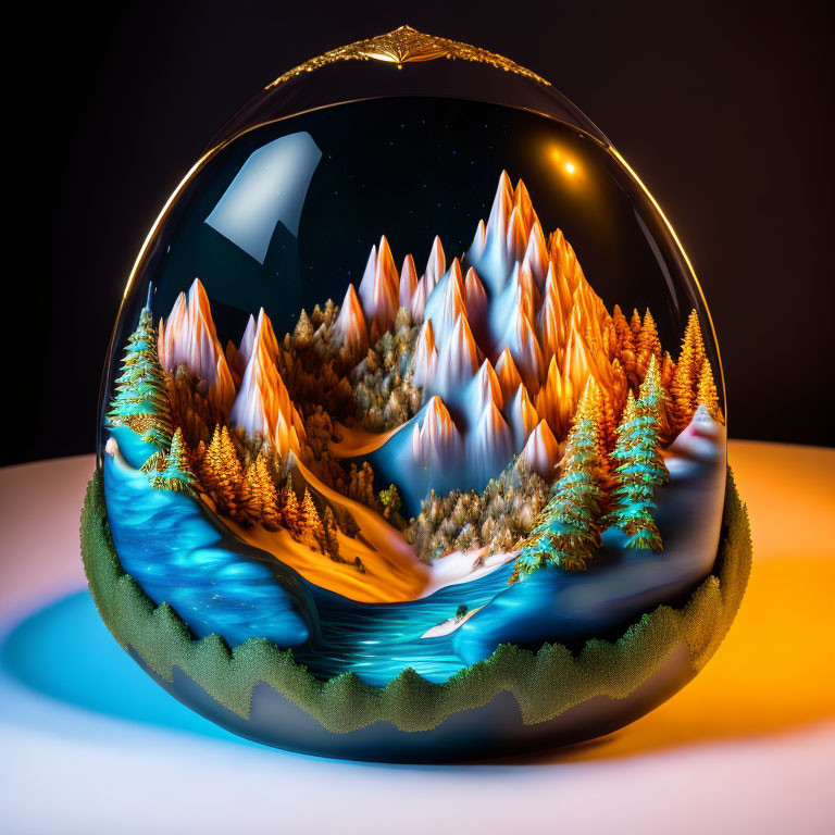 Colorful Glass Paperweight with 3D Mountain Landscape and River