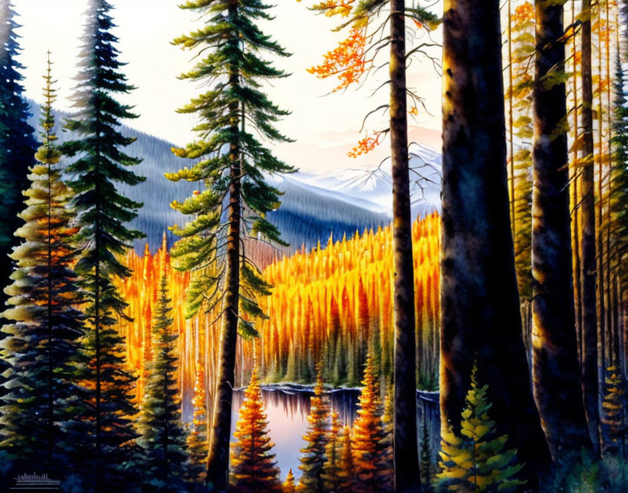 Forest landscape painting with pines, autumn trees, lake, and mountains