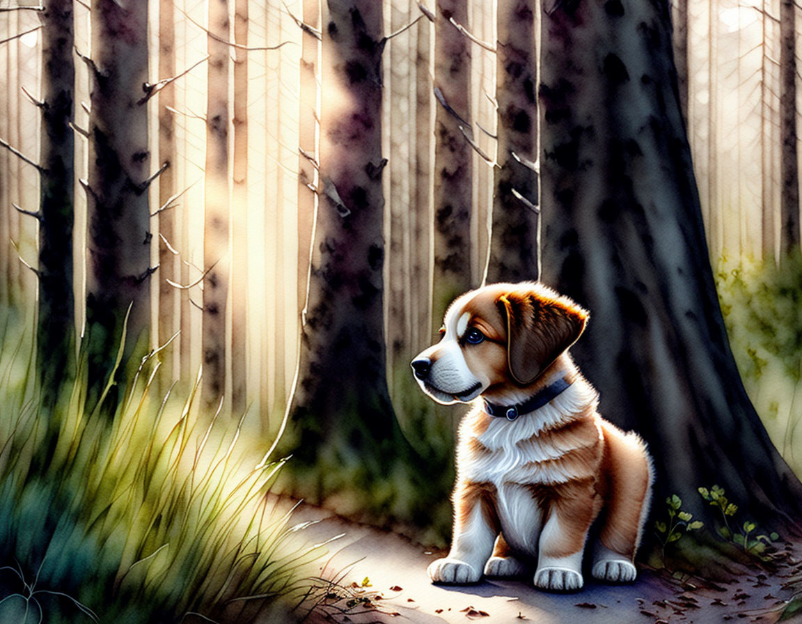 Sad puppy illustration in sunlit forest with long shadow