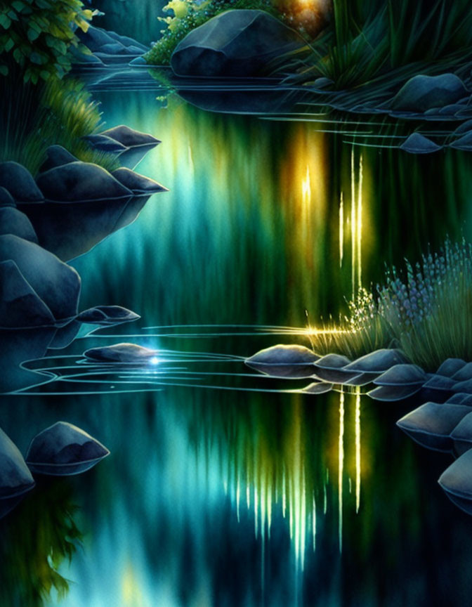 Serene Pond Night Scene with Glistening Reflections