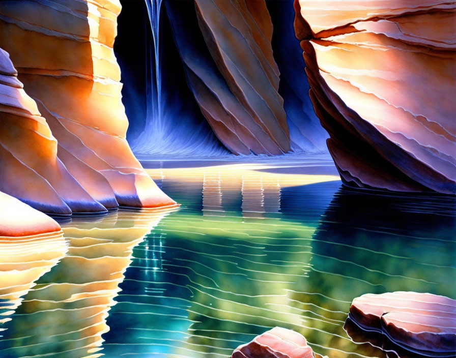 Tranquil waterfall painting with vibrant reflections