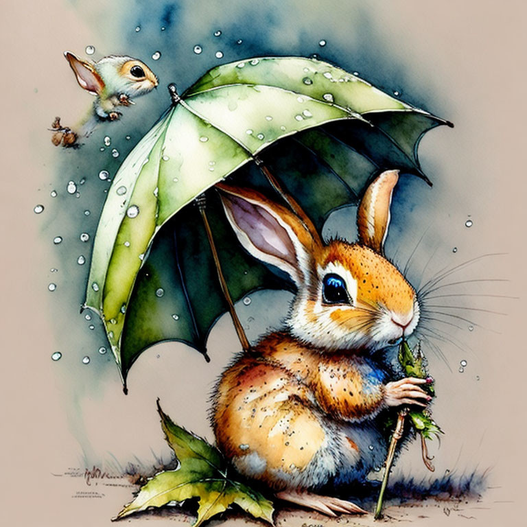 Whimsical rabbit holding green leaf umbrella with bird on brown backdrop