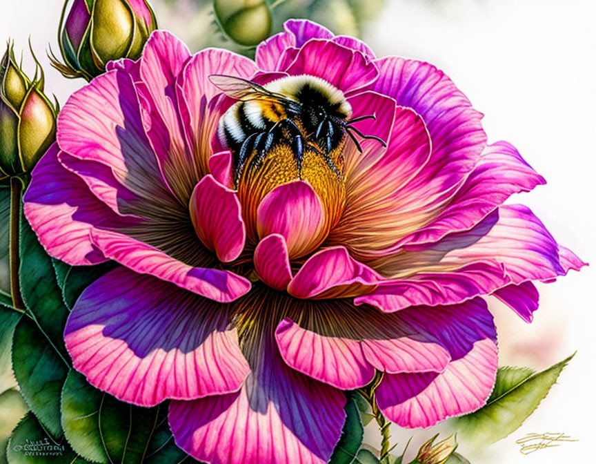 Colorful Bumblebee on Vibrant Pink and Violet Flower