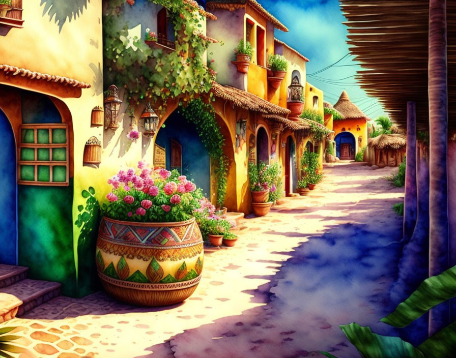 Colorful Street with Traditional Houses and Flowers under Sunny Sky