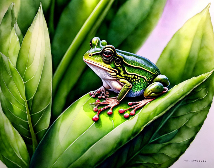 Colorful Frog on Leaf Among Green Leaves