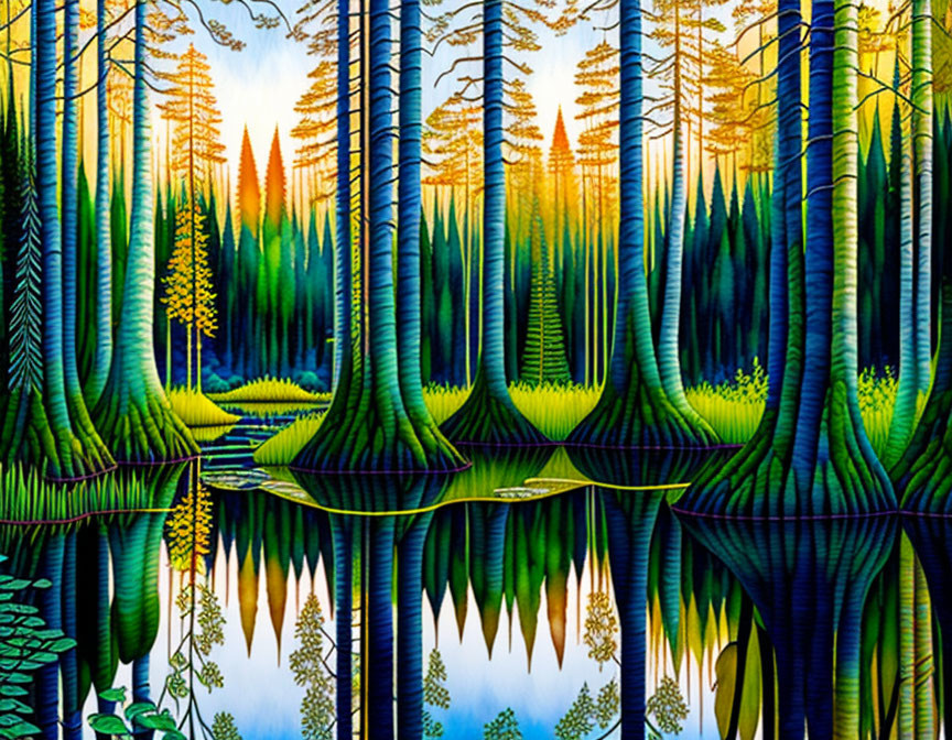 Colorful Stylized Forest Reflecting in Blue Lake