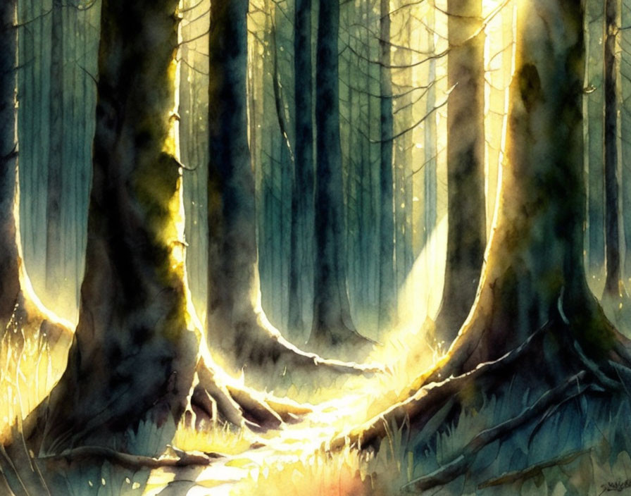 Dense Forest Sunlight Filtering Watercolor Hues