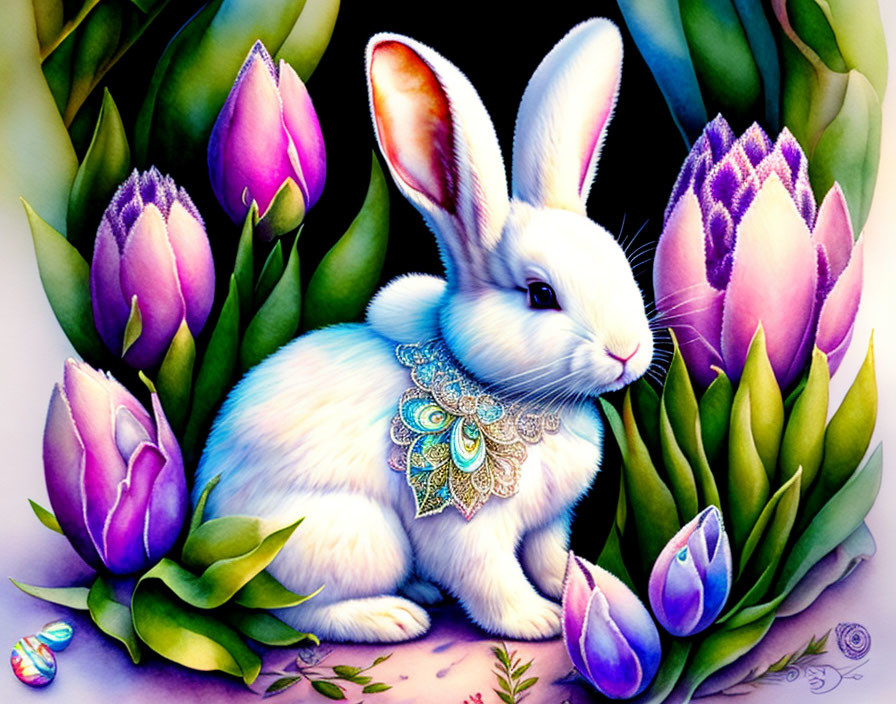 White Rabbit Among Purple Tulips with Easter Egg in Vibrant Spring Scene