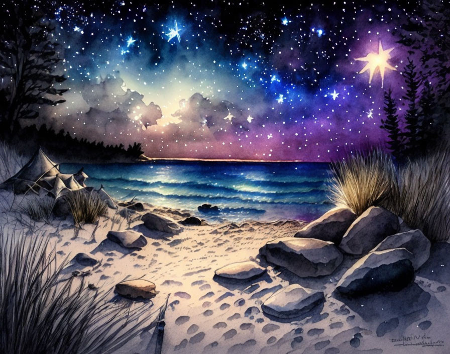 Tranquil beach night scene with star-filled sky, tent, rocks, and grasses