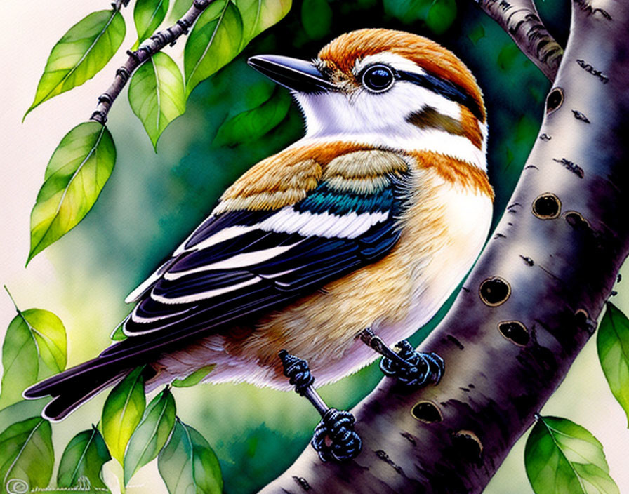 Colorful bird illustration on tree branch with green leaves