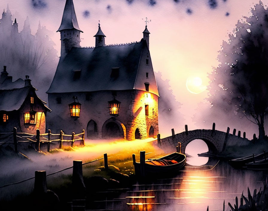 Misty twilight scene: castle, cottage, river, boat, stone bridge