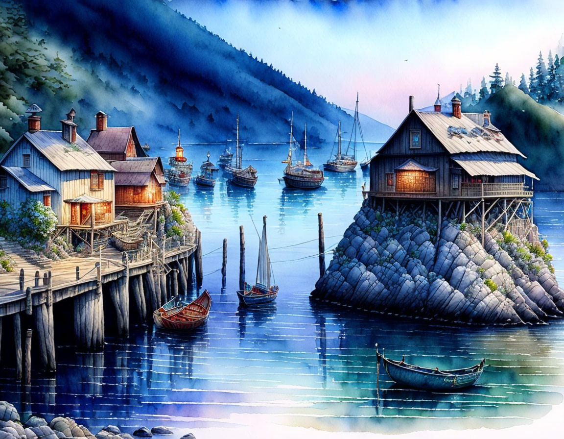 Tranquil waterfront scene with stilt homes, boats, dock, and mountain backdrop at dusk or