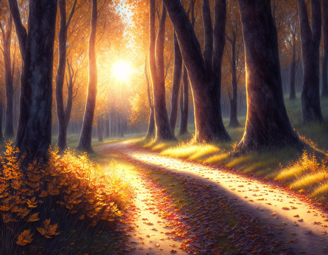 Sunlit Forest Path with Autumn Leaves and Long Shadows