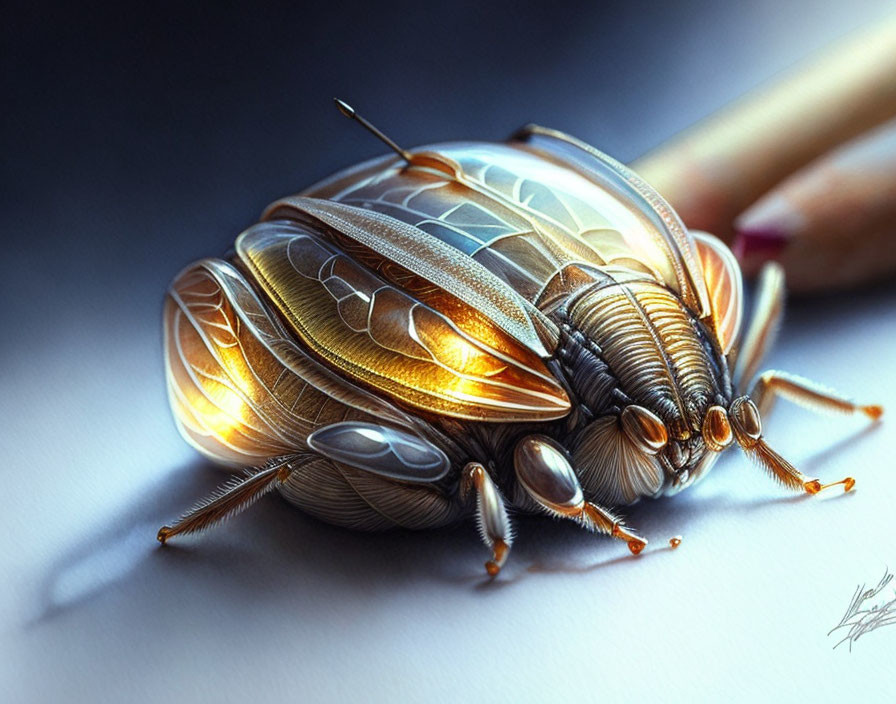 Intricate mechanical beetle with transparent wings next to a pencil