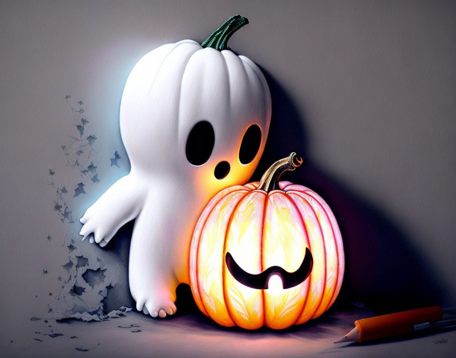 Cute Cartoon Ghost Embracing Glowing Jack-o'-lantern on Gray Background