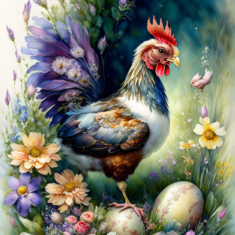 Colorful rooster surrounded by flowers and eggs in lush greenery