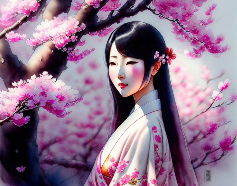 Traditional Attire Woman Under Cherry Blossoms