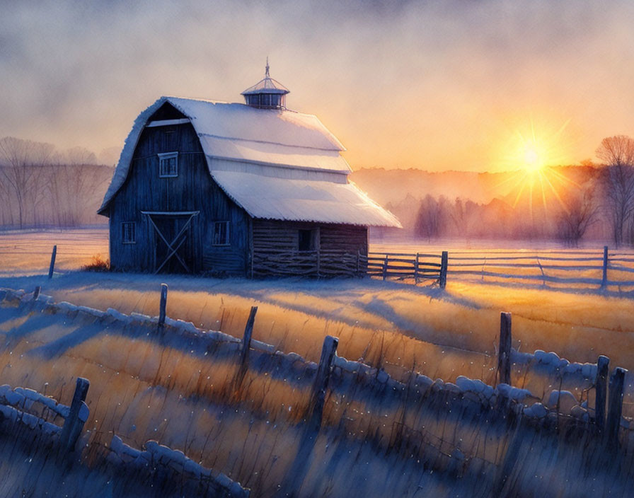 Snowy landscape: Rustic barn at sunrise in golden light