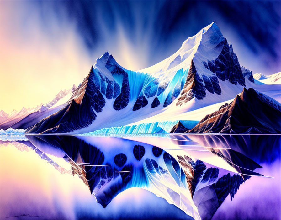 Surreal digital artwork: mountain peaks, icy textures, serene water, gradient sky