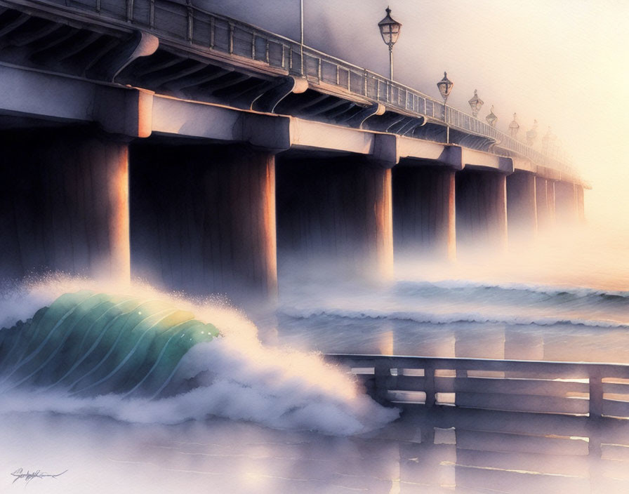 Scenic painting of sturdy bridge over misty waters