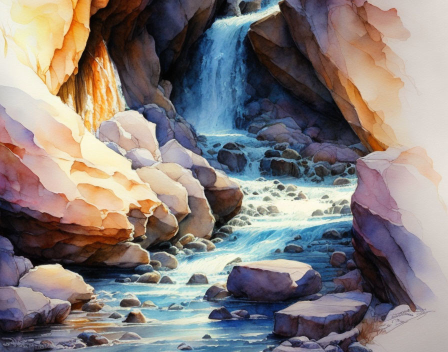 Serene waterfall flowing through rocky crevice in warm sunlight