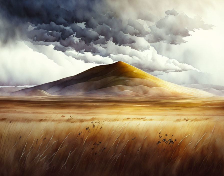 Golden hill under dramatic sky in painted landscape