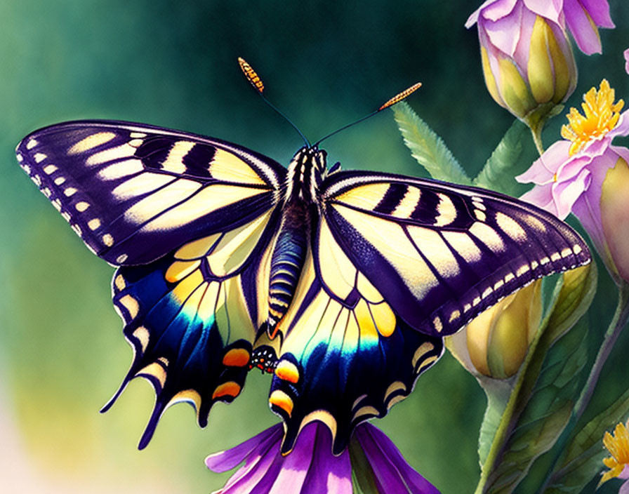 Colorful butterfly on purple flower with soft-focus background