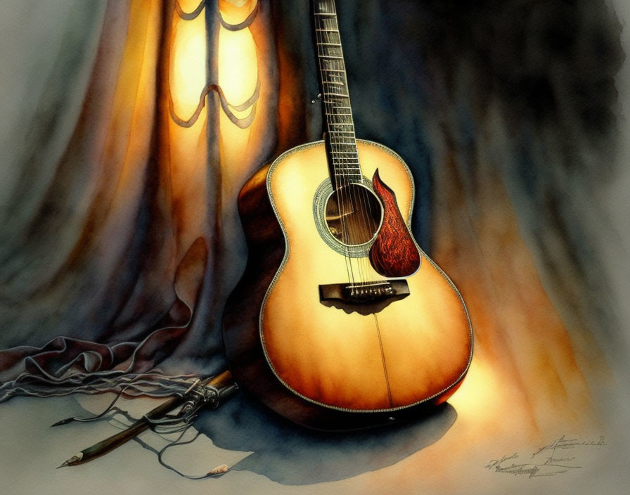 Acoustic Guitar Watercolor Painting with Brushes in Soft Light