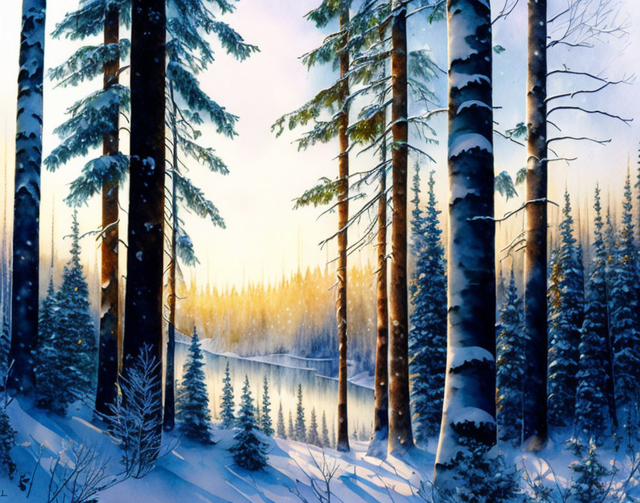 Snow-covered trees, frozen river, setting sun in serene winter scene