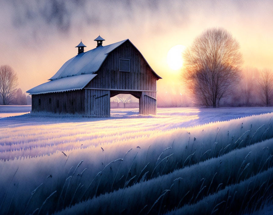 Winter sunrise over frost-covered field with wooden barn