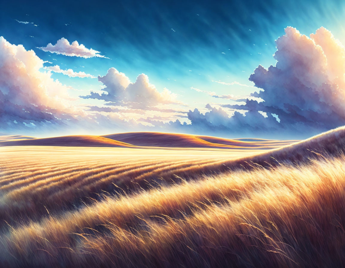 Serene golden field with tall grass under dynamic sky