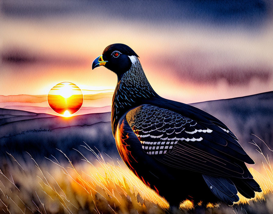 Vibrant bird in grassy field at sunset with orange hues