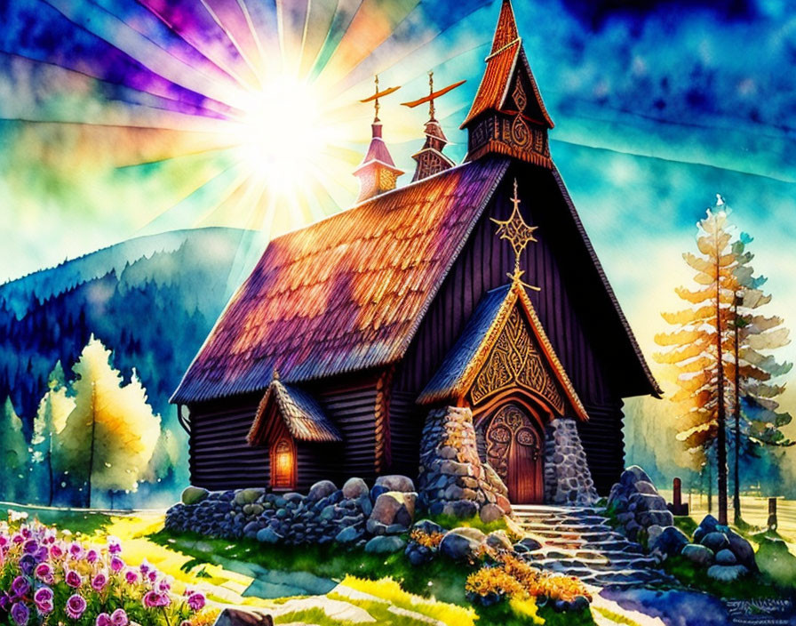 Vibrant illustration of a wooden church with ornate details in a colorful setting