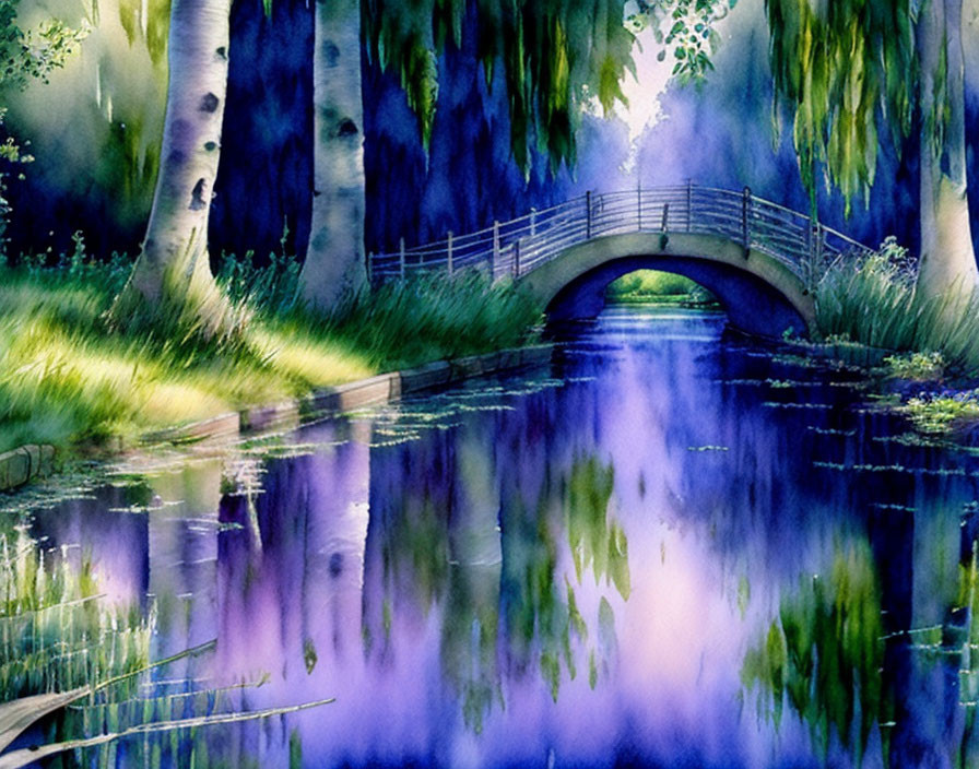 Tranquil watercolor scene: Serene river, footbridge, willows, purple and blue