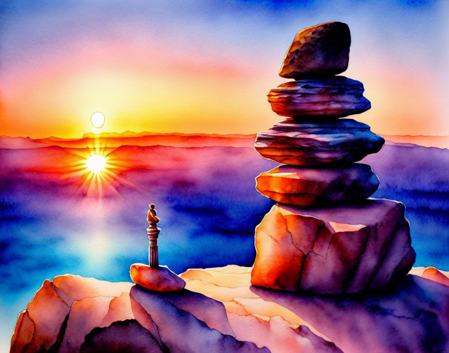 Stacked Stones Watercolor Painting: Sunset Scene with Figure on Cliff