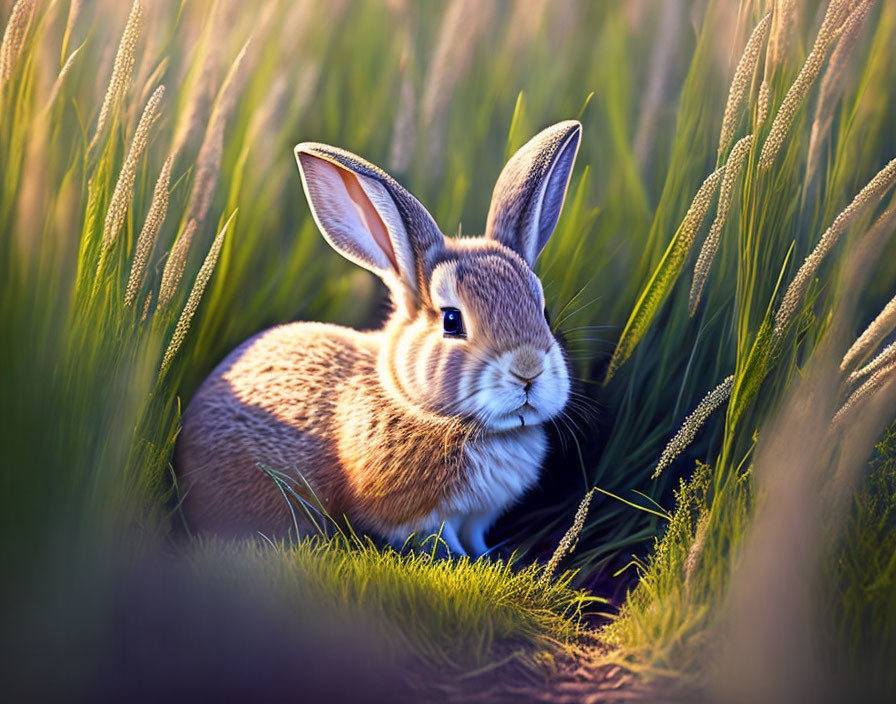 Rabbit in Green Grass under Warm Sunlight