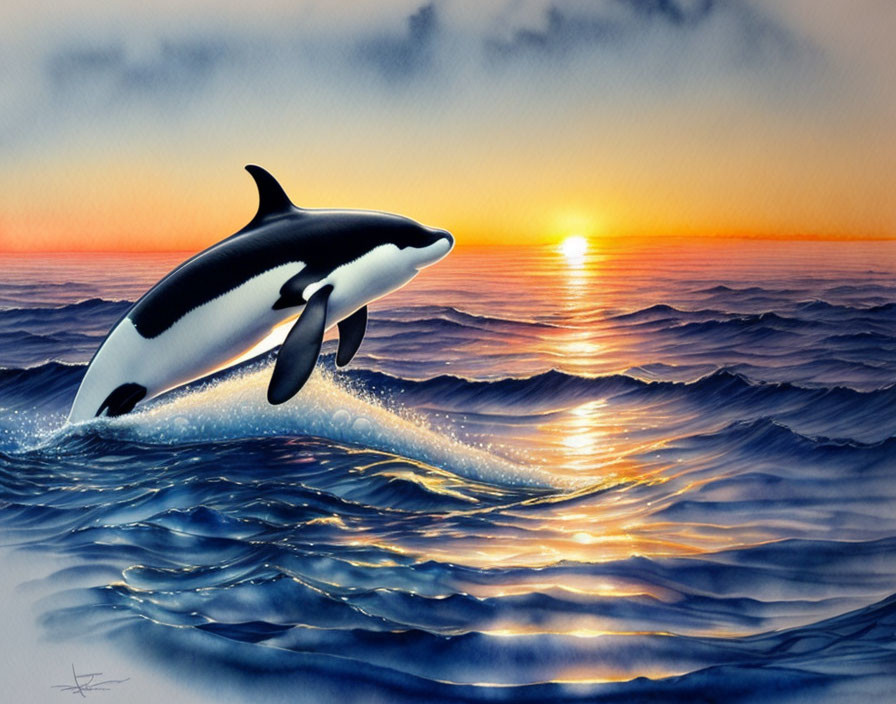 Orca leaping above ocean at sunset with vibrant colors.