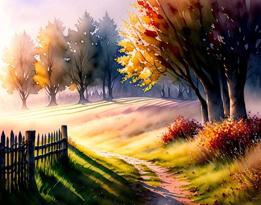 Vibrant autumn landscape with shedding trees, winding footpath, and wooden fence