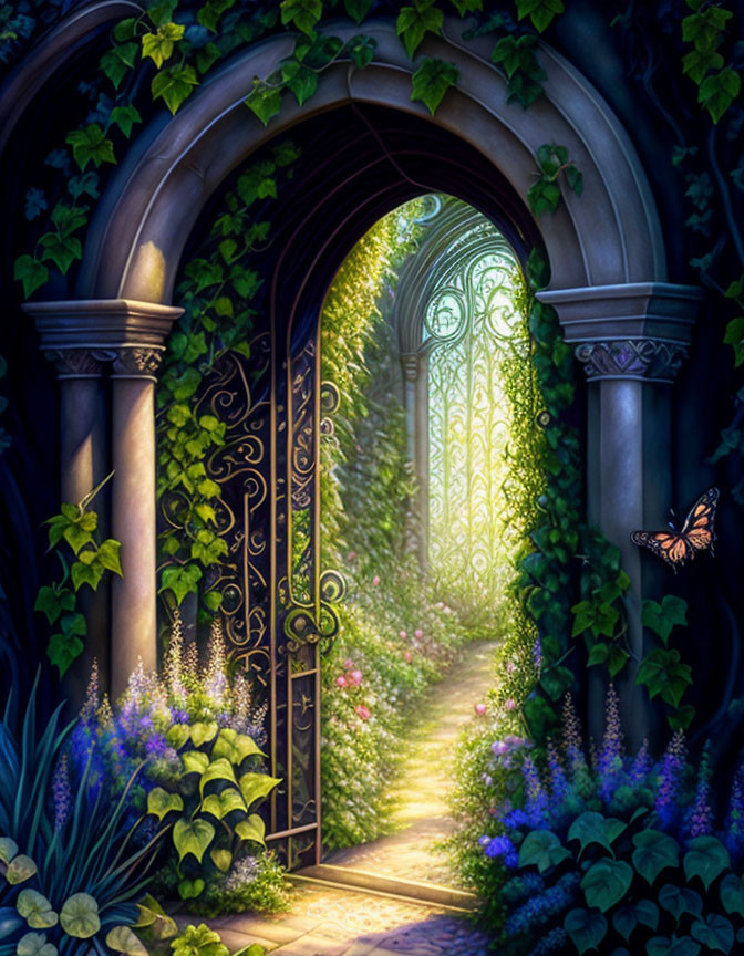 Intricate iron gates in lush garden setting with mystical light and flying butterfly