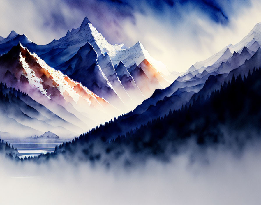 Mountain Range Watercolor Painting with Sunlit Peaks and Tranquil Lake