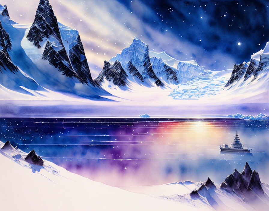 Snowy mountains, starry sky, and tranquil sea in serene watercolor landscape