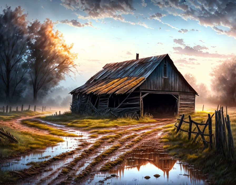 Abandoned barn with dirt road and trees at sunrise